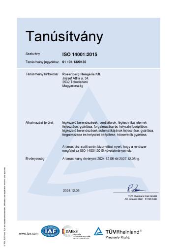 ISO tanúsítvány 14001:2015 (magyar)